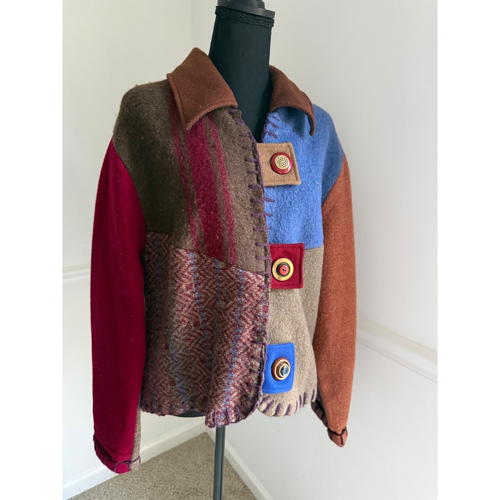 Baabaazuzu Vtg Wool Patchwork Jacket Boho‎ Art to Wear sz L eclectic Whimsygoth